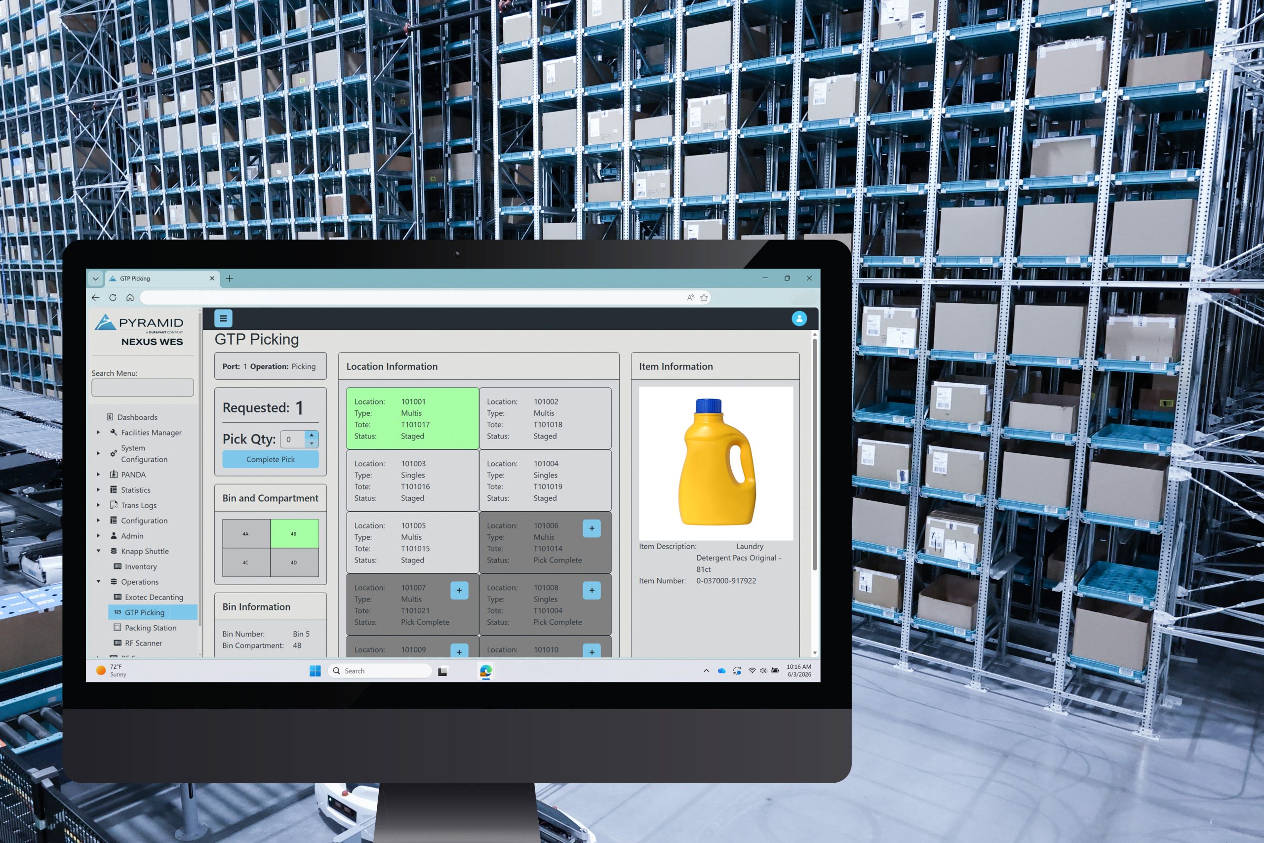 PC monitor with Pyramid NEXUS WES software managing ASRS technology for goods to person picking.