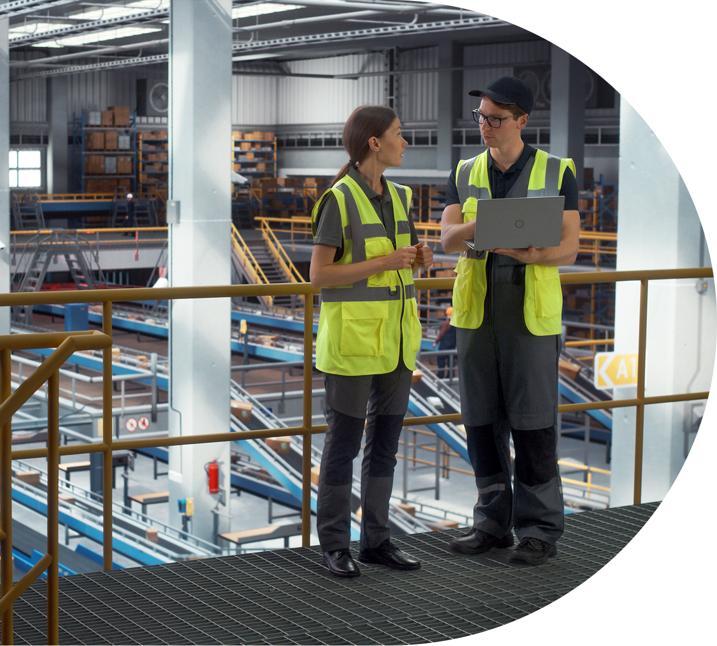 Pyramid engineer and customer reviewing WES software near automated conveyors and sorters.