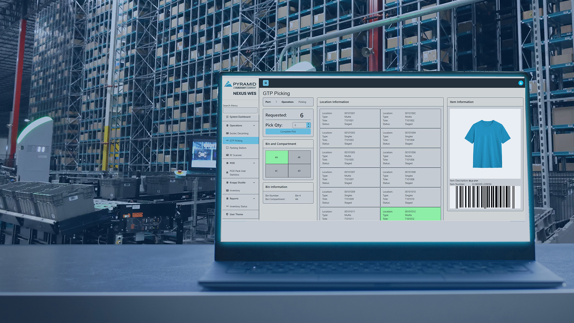 Laptop with Pyramid WES Software Managing Exotec ASRS for Goods to Person Picking