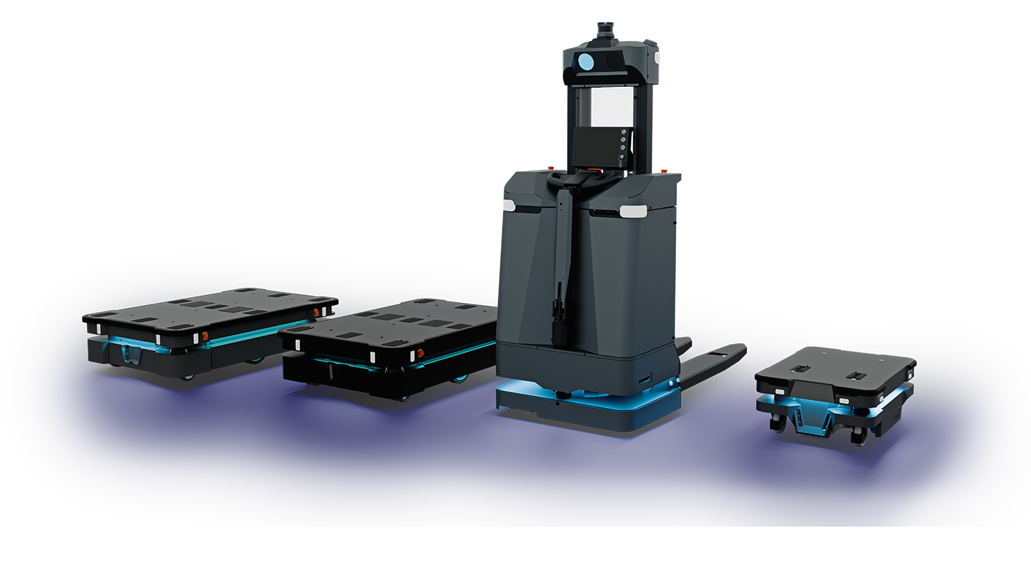 A row of different models of autonomous mobile robots