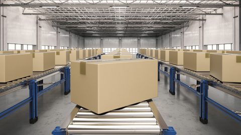 Warehouse with boxes and conveyors